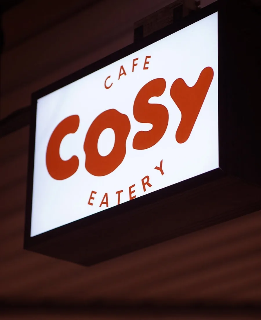 Cafe Cosy Eatery light box signage in Moss Vale